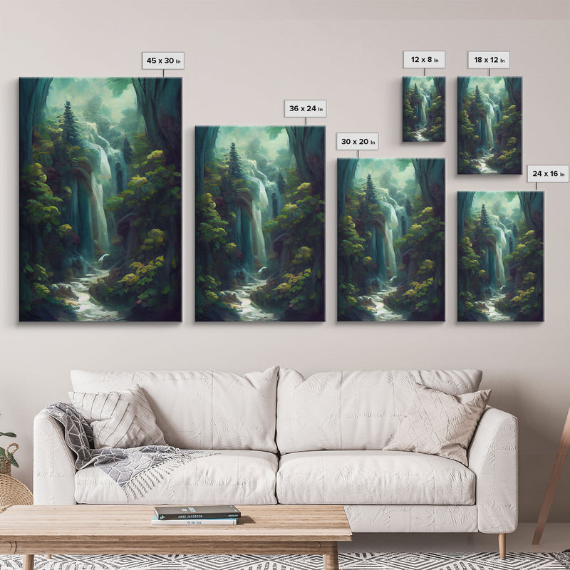 Waterfall canvas print, fantasy wall art, watercolor print, high fantasy, nature landscape living room wall art