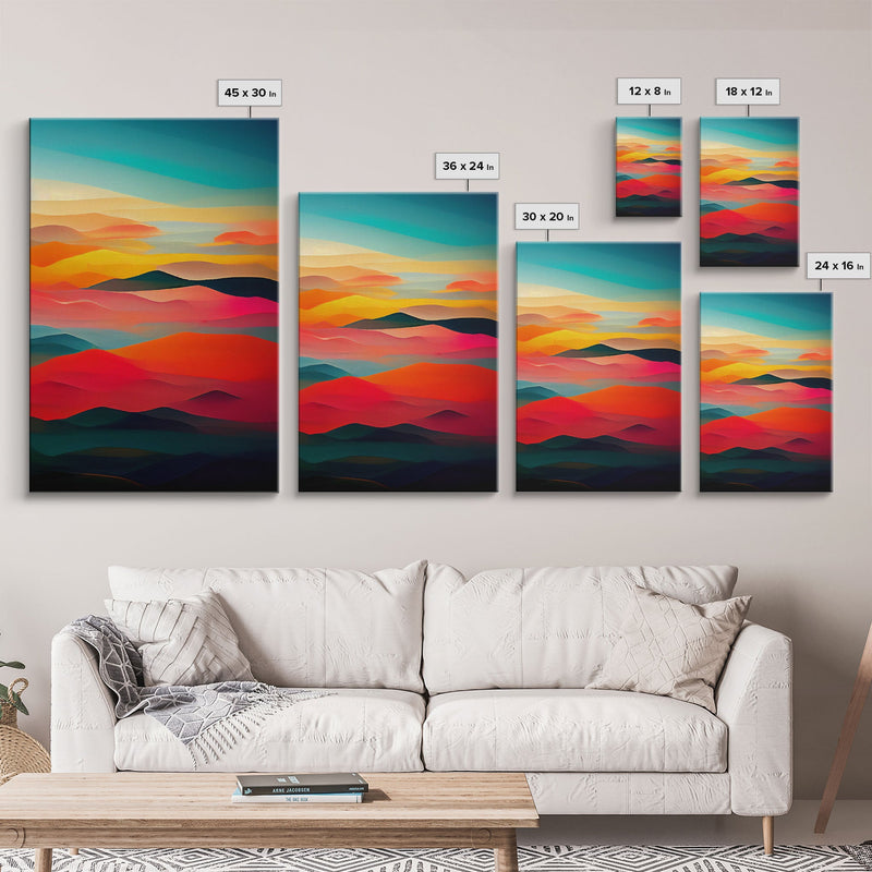 Art deco style clouds and sunset, midcentury modern art, canvas print, unique colorful wall art