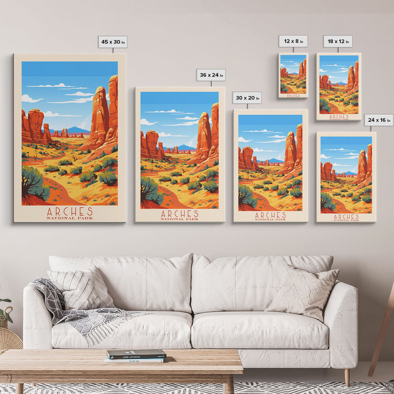 Arches National Park, Framed Wall Art Canvas Print, Travel Poster, Travel Art, Roadtrip Decor, Cool Wall Art, Retro State Park Art