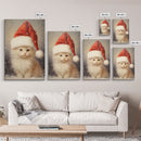 Cute White Kitten In A Christmas Hat, Farmhouse Christmas, Farmhouse Decor, Framed Canvas Print Seasonal Wall Art Winter Decor Christmas Art