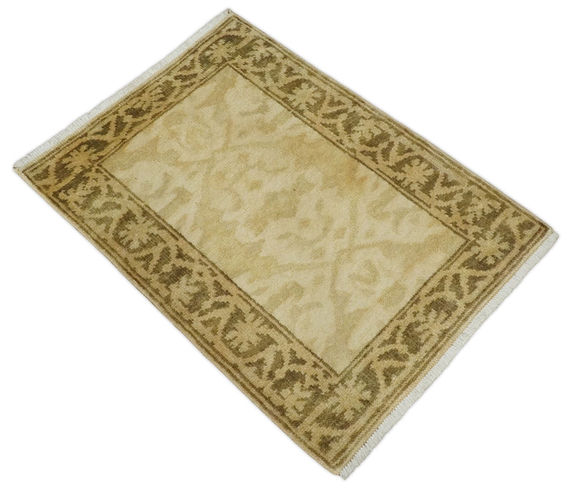 2x3 Hand Knotted Beige and Olive Traditional Persian Oushak Wool Rug | N323