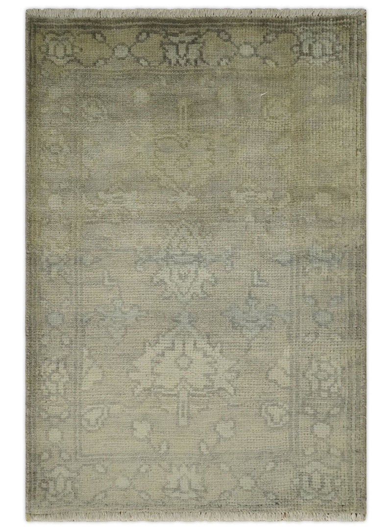 2x3 Hand Knotted Beige, Ivory and Charcoal Traditional Persian Oushak Wool Rug | N5823