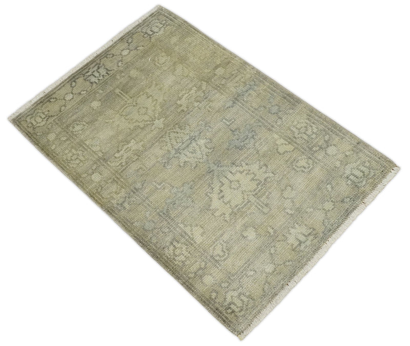 2x3 Hand Knotted Beige, Ivory and Charcoal Traditional Persian Oushak Wool Rug | N5823