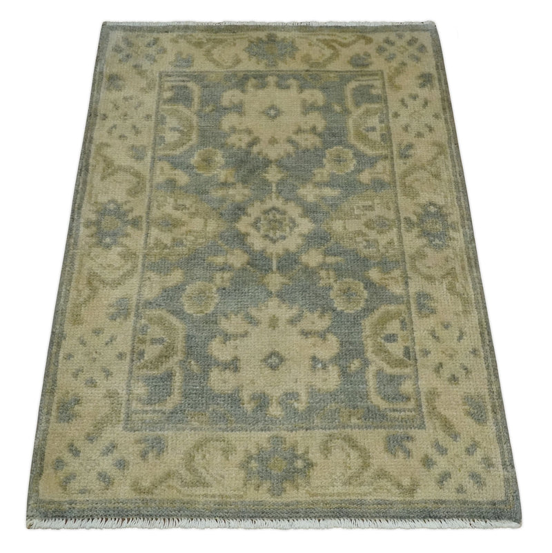 2x3 Hand Knotted Gray and Beige Traditional Persian Oushak Wool Rug | N7223