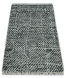 2x3 Hand Knotted Ivory and Charcoal Geometrical Design Wool Area Rug by The Rug Decor