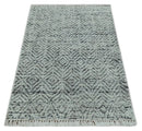 2x3 Hand Knotted Ivory and Charcoal Stripes Tribal Pattern Wool Rug