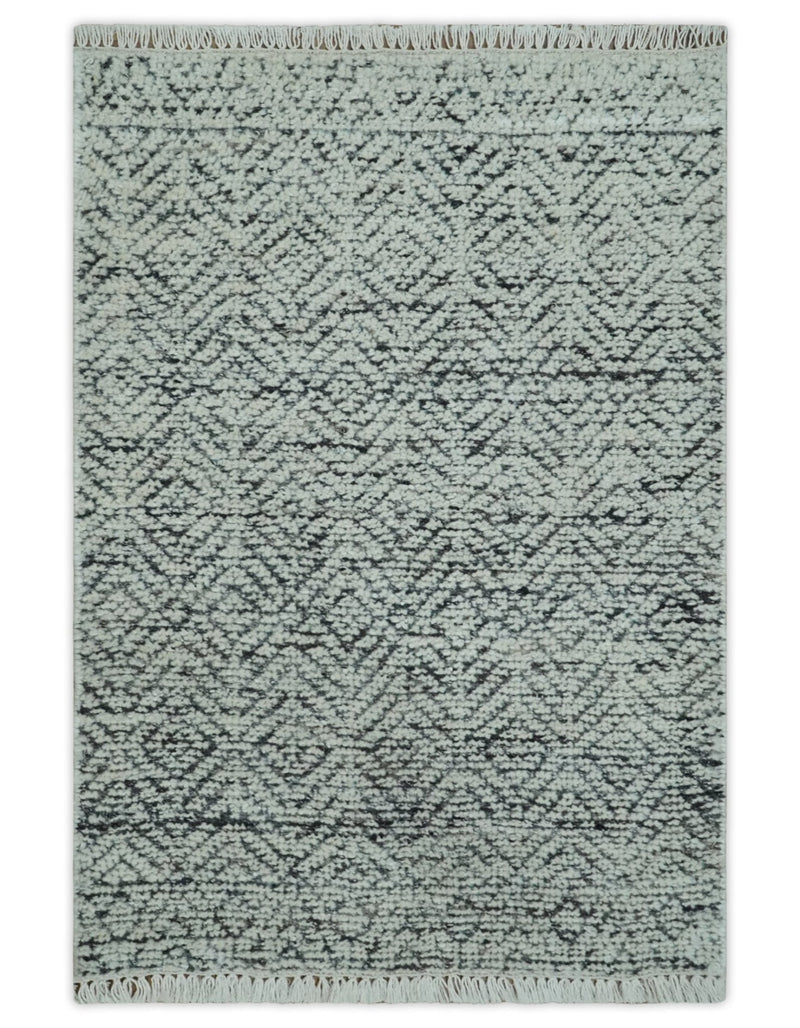 2x3 Hand Knotted Ivory and Charcoal Stripes Tribal Pattern Wool Rug