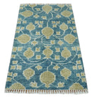 2x3 Hand Knotted Teal and Beige Balloon shape Oushak Wool Area Rug