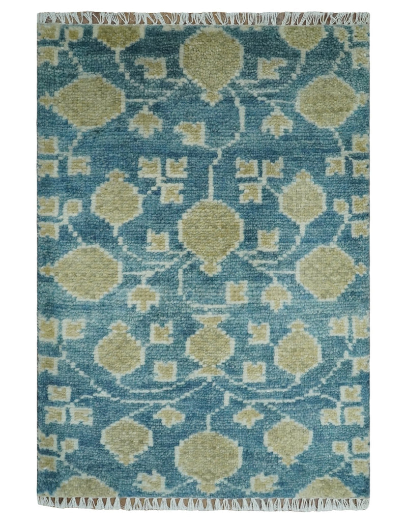 2x3 Hand Knotted Teal and Beige Balloon shape Oushak Wool Area Rug