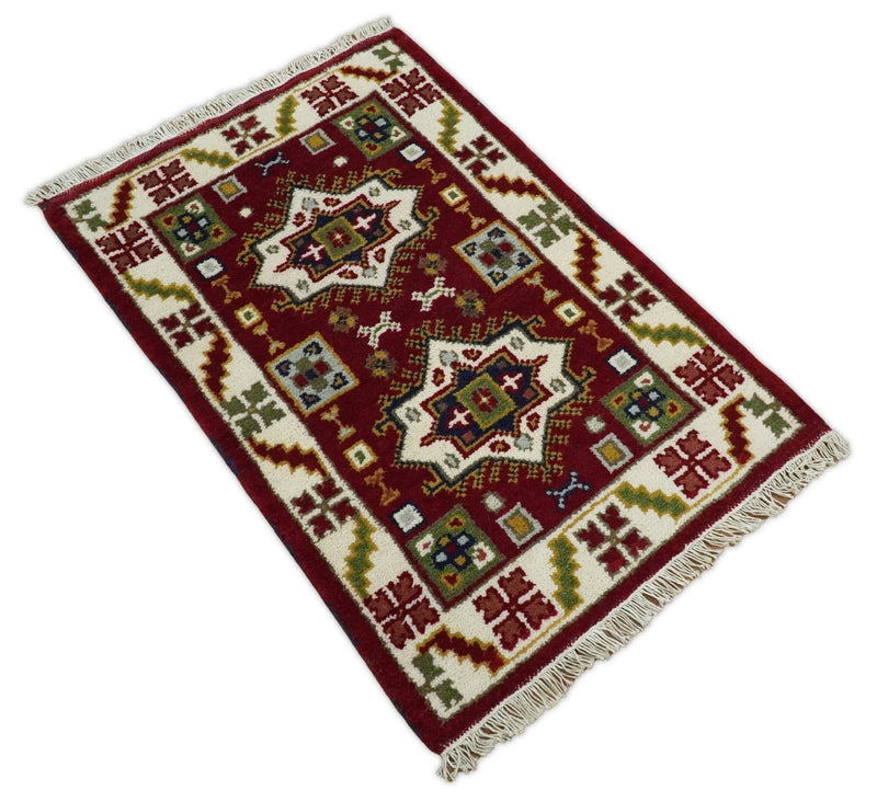 2x3 Hand Knotted traditional Kazak Red and Ivory Armenian Tribal Entryway Rug | KZA11