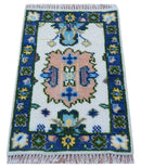 2x3 Ivory And Blue Oushak Hand Knotted Wool Rug