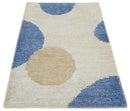 Hand Knotted Wool Area Rug Ivory Beige and Blue Polka Dot Pattern Kids Modern 2x3