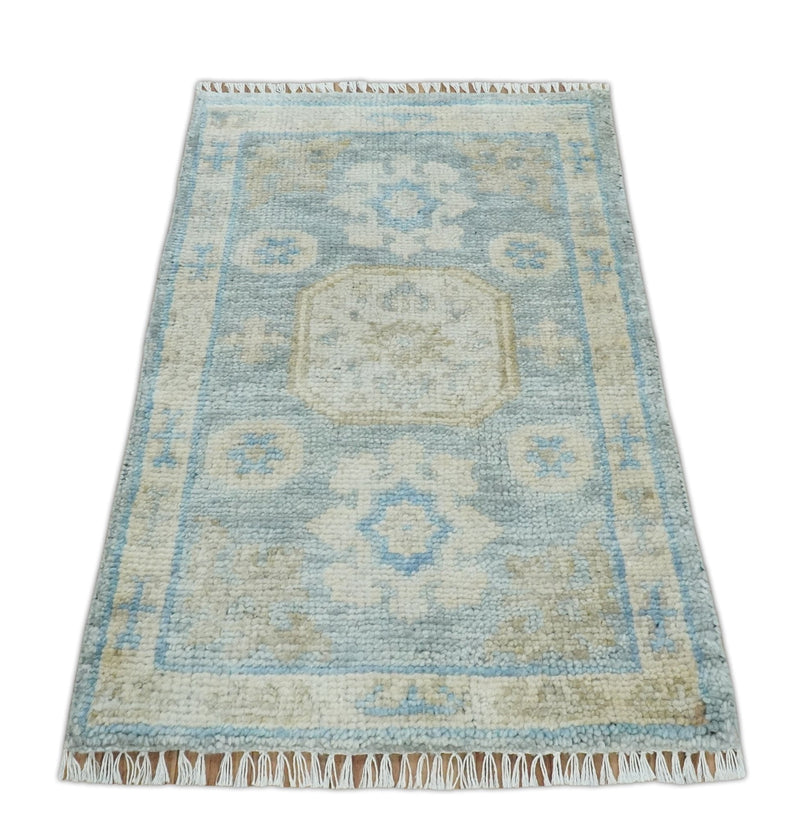 2x3 Ivory, Beige and Silver Hand Knotted Heriz Traditional Design Wool Rug