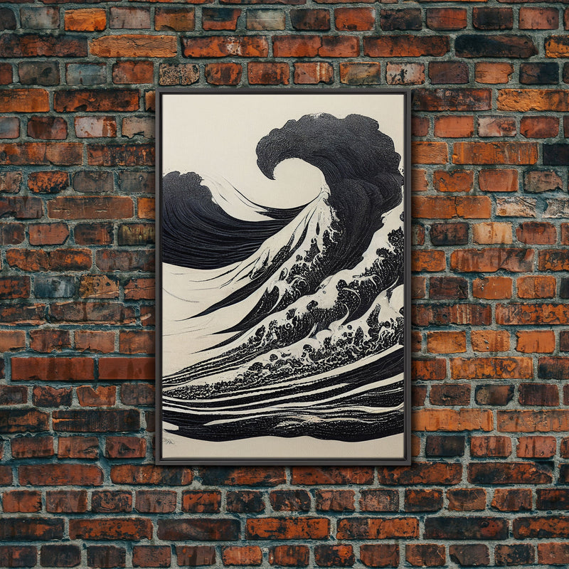 Black and White Tsunami Waves, Japanese Style Art, Framed Canvas Print, Ready To Hang Framed Wall Art, Living Room Wall Decor