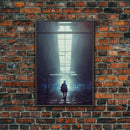 Cyberpunk Android In An Abandoned City, Dystopian Post Apocalyptic Art, Framed Canvas Print, Ready To Hang Framed Wall Art, Living Room