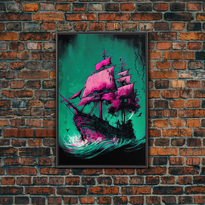 Watercolor of a haunted ghost pirate ship, framed canvas print wall art