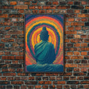 Colorful rainbow Buddha facing a ring of flowers, framed canvas print, yoga studio art