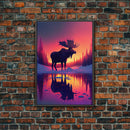Moose of Canada, retrowave inspired Nature art, framed canvas print, cabin art, colorful farmhouse decor