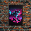 Wolves Howling at the moon, 3 wolf moon, framed canvas print, vaporwave art, Animal art, predator art