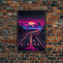 The Drive, Retrowave Outrun Style City Skyline Sunset, 80s Vibes, Framed Canvas Print