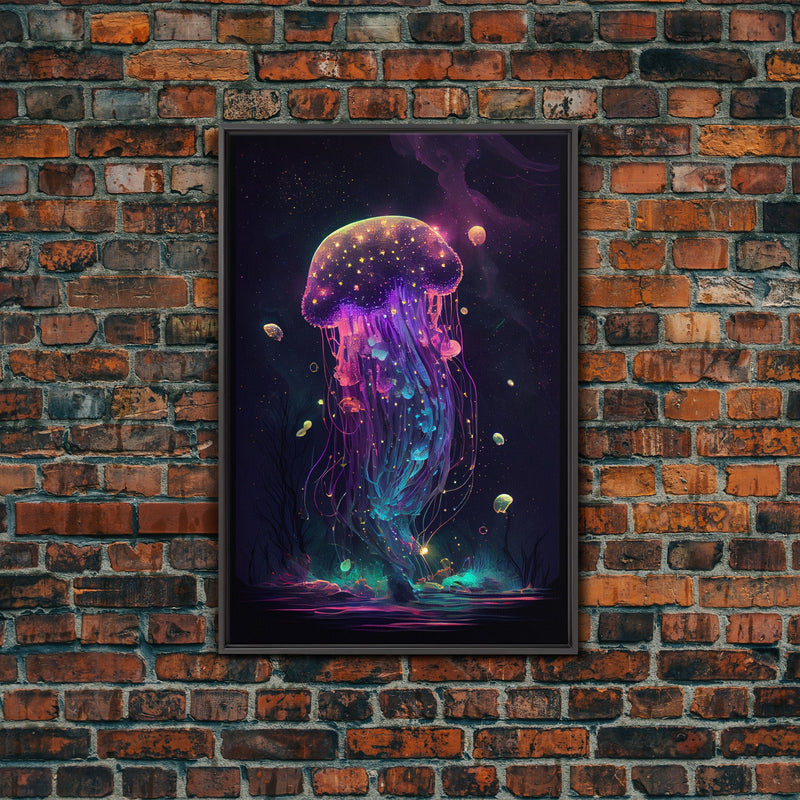 Bioluminescent Cosmic Jellyfish against a Starry night sky, JellyFish Art, Framed Canvas Print, synthwave style art