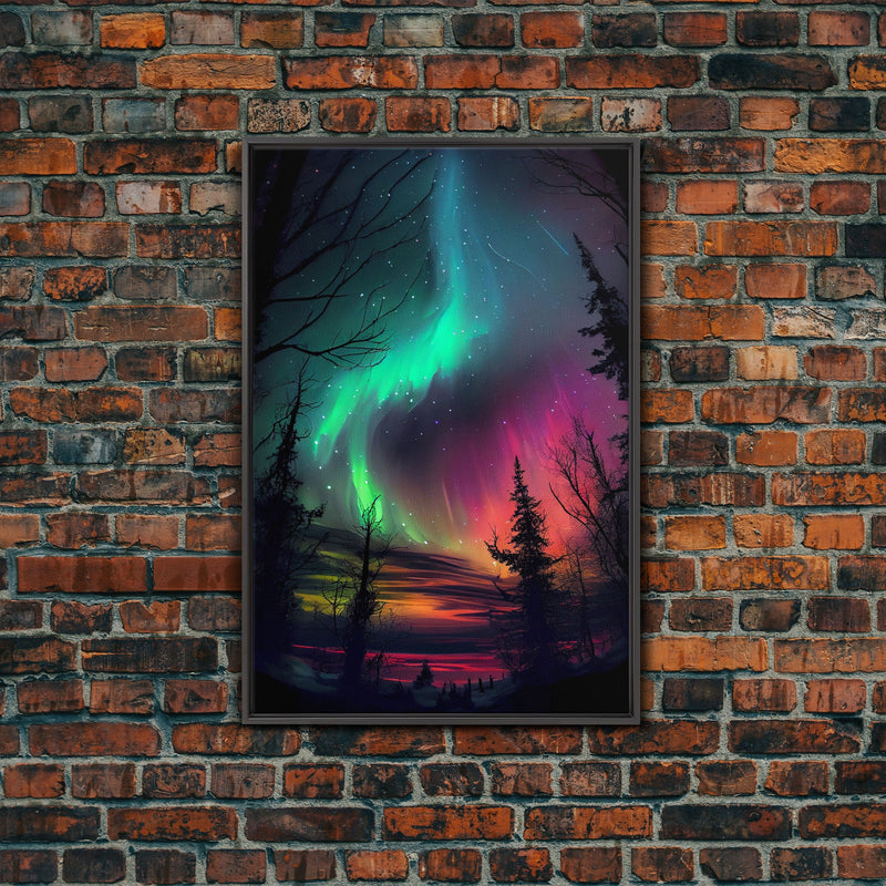 Aurora Borealis, Northern Lights Art, framed canvas print, snow capped mountain landscape art