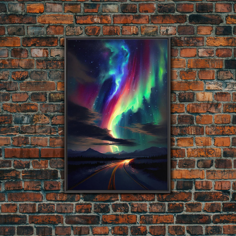 Winter road Under the Aurora Borealis, Northern Lights Art, framed canvas print, snow capped mountain landscape art