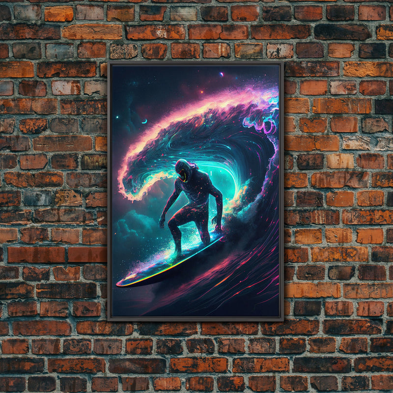 Astronaut surfing the stars, Cosmic Surfer, Galaxy Art, framed canvas print, unique colorful wall art