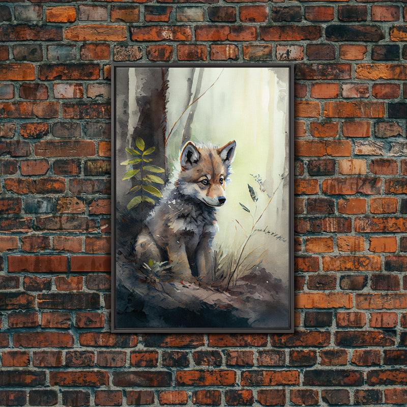 Watercolor of a wolf pup, framed canvas print