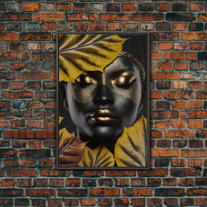 Beautiful Woman Art Framed Canvas Print Black Gold Woman Wall Art Lady Print, Gold Face Leaves Palm decor ready to hang Ethnic girl portrait