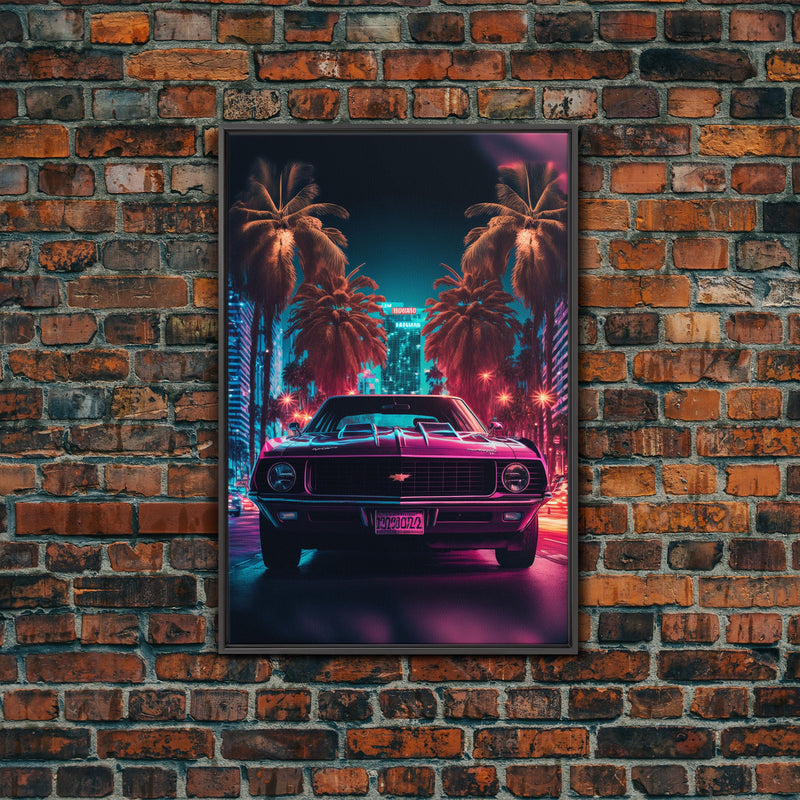 American Muscle Car on Sunset Strip, Retro Synthwave Art, Framed Canvas Print, Gift For Him, Muscle Car Art