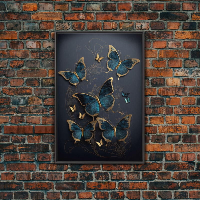 Blue Butterflies Canvas Print Wall Art, Blue and Gold Butterfly Canvas Painting, Butterfly Wall Decor, Home Gift, ready to hang decor