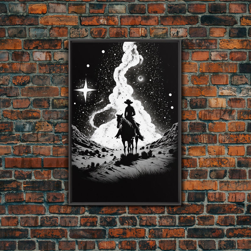 Western Decor, Black and White Cowboy Art, Framed Canvas Print