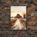 Sunset Over A Red Barn, Watercolor Painting Canvas Print, Country Poster Art,  Framed Canvas, Country Roads, Rustic Farmhouse Decor