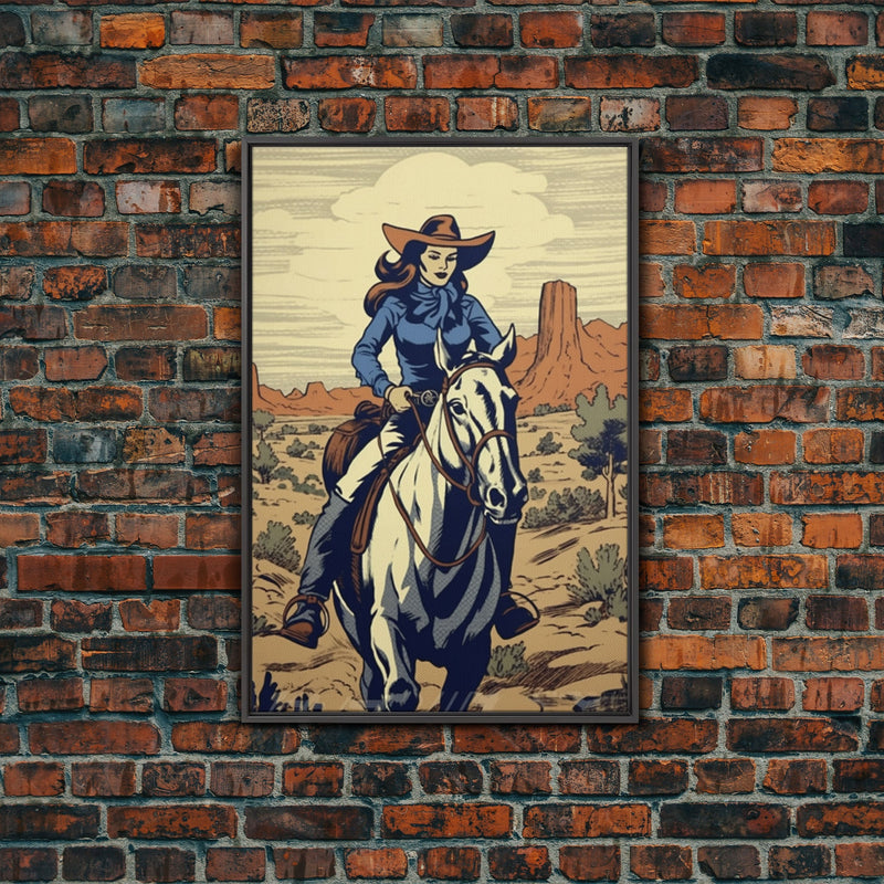 Western Cowgirl Deco, 24x36 Canvas Print, Equestrian Wall Art, Cowboy Decor, Southwestern Art, Wild West Retro Decor, Western Comic Book Art