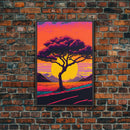 Weeping Willow At Sunset, Retro Style MCM Art, Framed Canvas Print, Trendy Wall Prints, Landscape and Sunset Outrun Art