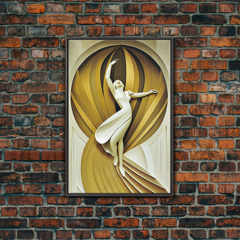 Art Deco Sculpture Canvas Print, Framed Wall Art, 1930s Inspired Retro Art, White and Gold Ballerina