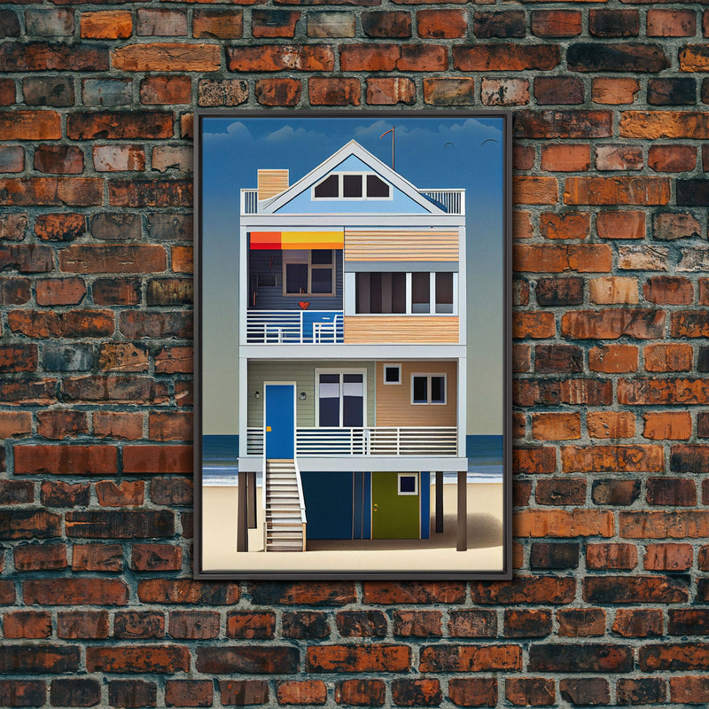 Whimsical Beach House Art, Framed Canvas Print, Cute Retro Beach House Painting, Wall Art