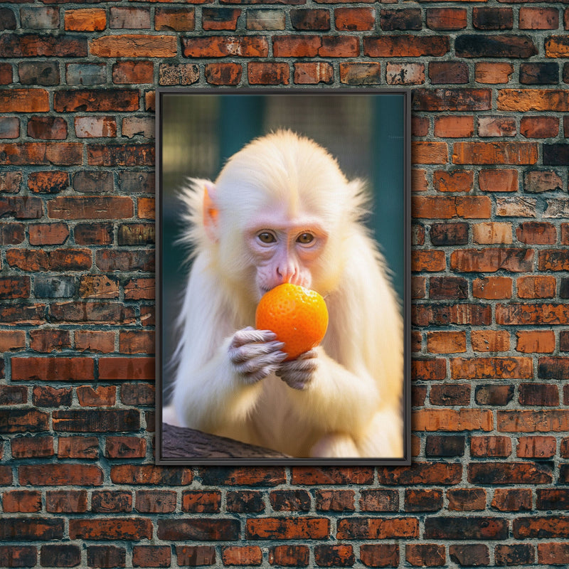 White Monkey Wall Decor, Albino Monkey Wall Art, Monkey Eating Orange, Animal Wall Art, Wall Decor, Canvas Print, Wall Art, Framed Canvas