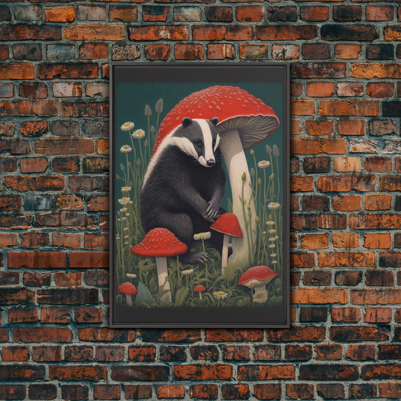 Badger Wall Decor, Cute Badger, Mushrooms Wall Decor, Animal Wall Art, Wall Decor, Canvas Print, Wall Art, Framed Canvas