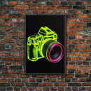 Neon Green Camera Wall Art, Neon Wall Decor, Photography Art,  Minimalist Print, Wall Decor, Canvas Print, Wall Art, Framed Canvas