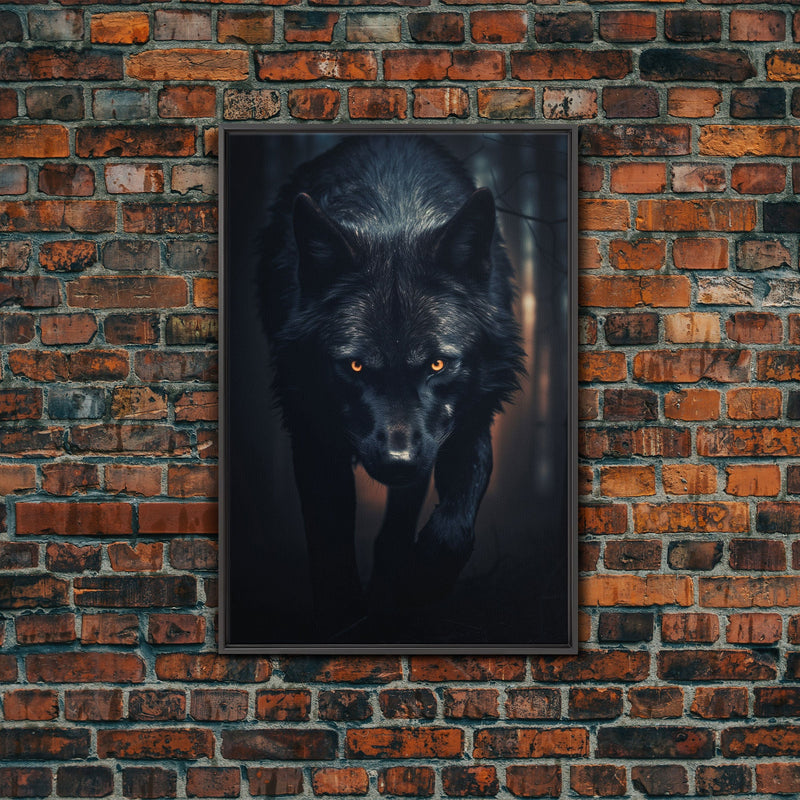 Wolf Print, Black Wolf On The Hunt, Framed Canvas Art