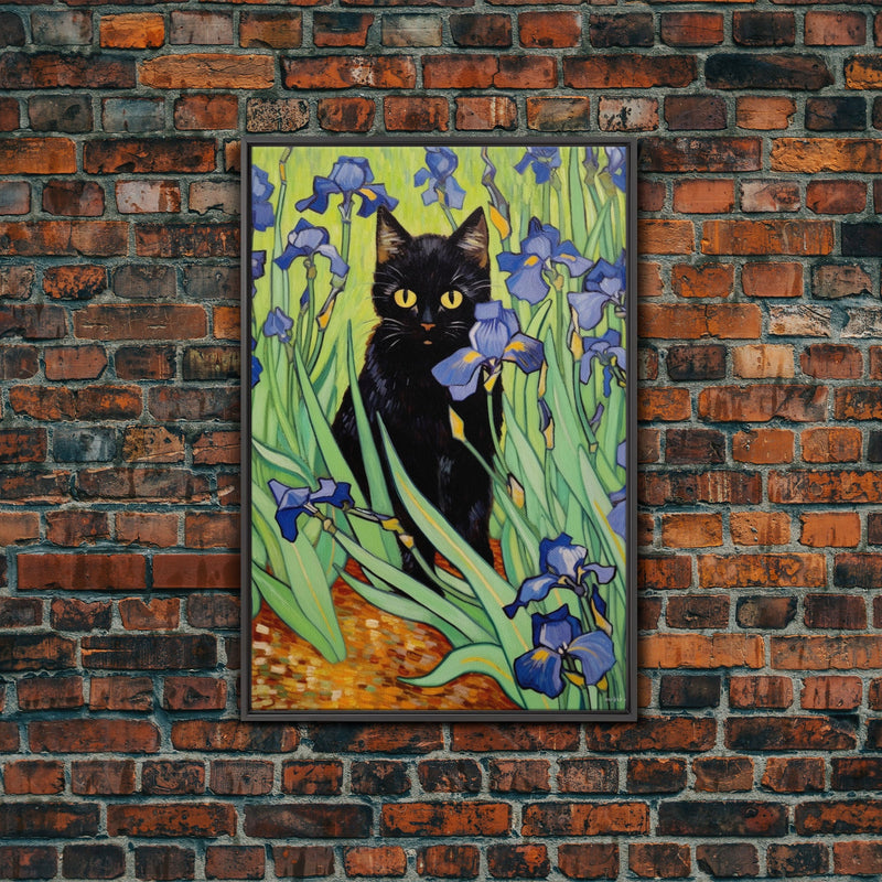 Vincent Van Gogh Inspired Irises Black Cat Wall Art, Framed Canvas Print, Poster Art, Funny Cat Print, Funny Gift, Home Decor Wall Art