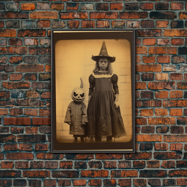 Cursed Art, Little Witch and Her Jack O' Lantern Familiar, Victorian Tintype Spooky Art, Halloween Decor, Halloween Canvas Print, photo 2 of 9