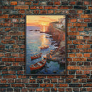 Seaside Town, Boat Wall Art, Ocean Print, Sunset Wall Art, Canvas Print, Wall Art, Vertical Art, Watercolor Art, Couple Gift, Travel Print