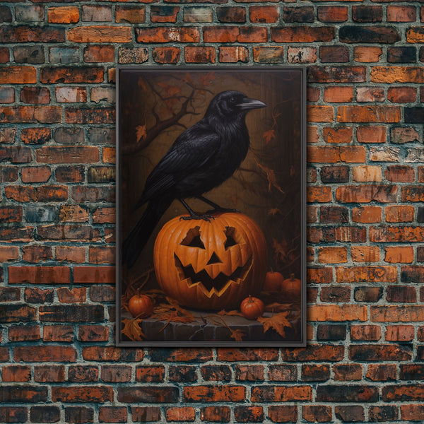Crow Atop A Jack O Lantern, Framed Canvas Print, Halloween Decor, Raven Painting, Victorian Oil Painting Print, Macabre Horror Print, photo 2 of 9