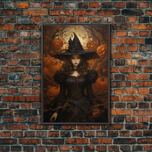 Beautiful Gothic Witch Art, Framed Halloween Canvas, Canvas Print, Spooky Halloween Wall Art, Halloween Deco, Witchy Art Pumpkin Patch Witch, photo 2 of 9