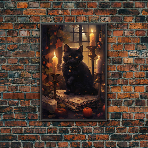 Black Cat Art, Framed  Canvas Print, Halloween Canvas Print, Goth Art, Dark Academia, Fall Decor, Witchy Vibes, photo 2 of 9