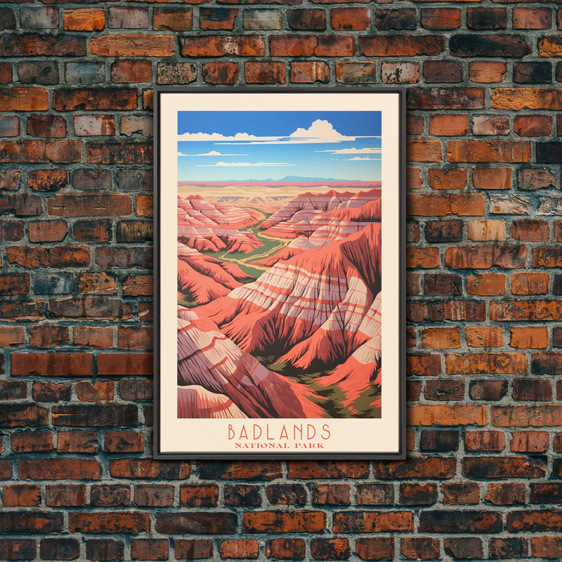 Badlands National Park, Framed Wall Art Canvas Print, Travel Poster, South Dakota Travel Art, Roadtrip Decor, Cool Art, Retro State Park Art