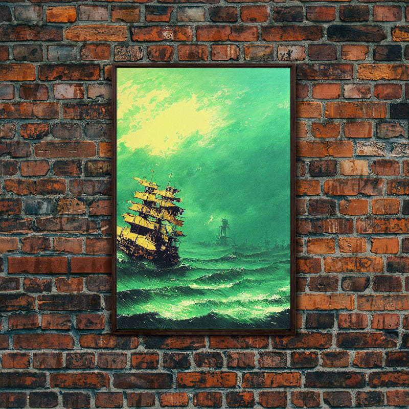 Watercolor of a Pirateship, Ghost Ship Art, Framed Canvas Print, Ready To Hang Framed Wall Art, Living Room Wall Hanging